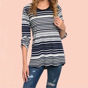 SALE Blue White Grey Striped Ribbed Thermal Tee Roll-Tab 3/4 Sleeves Casual SML